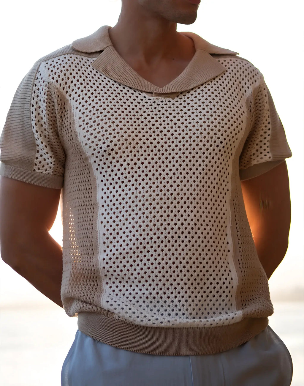 Beige 2EROS Aruba Polo short-sleeved shirt with perforated knit body and solid ribbed collar sleeves and hem