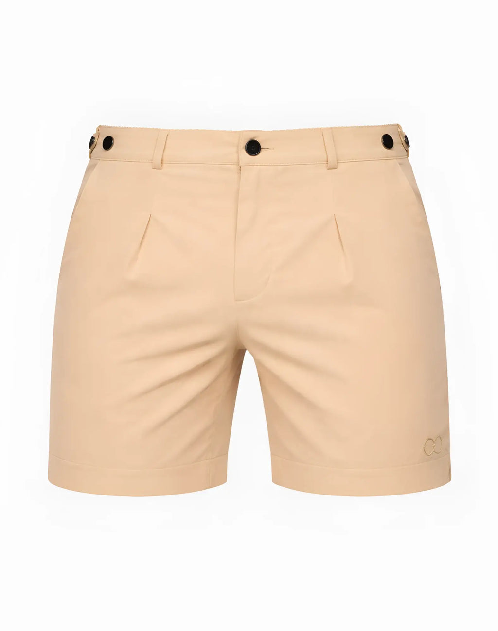 Beige chino shorts 2EROS Avalon with black button closures and subtle embroidered logo on lower right leg