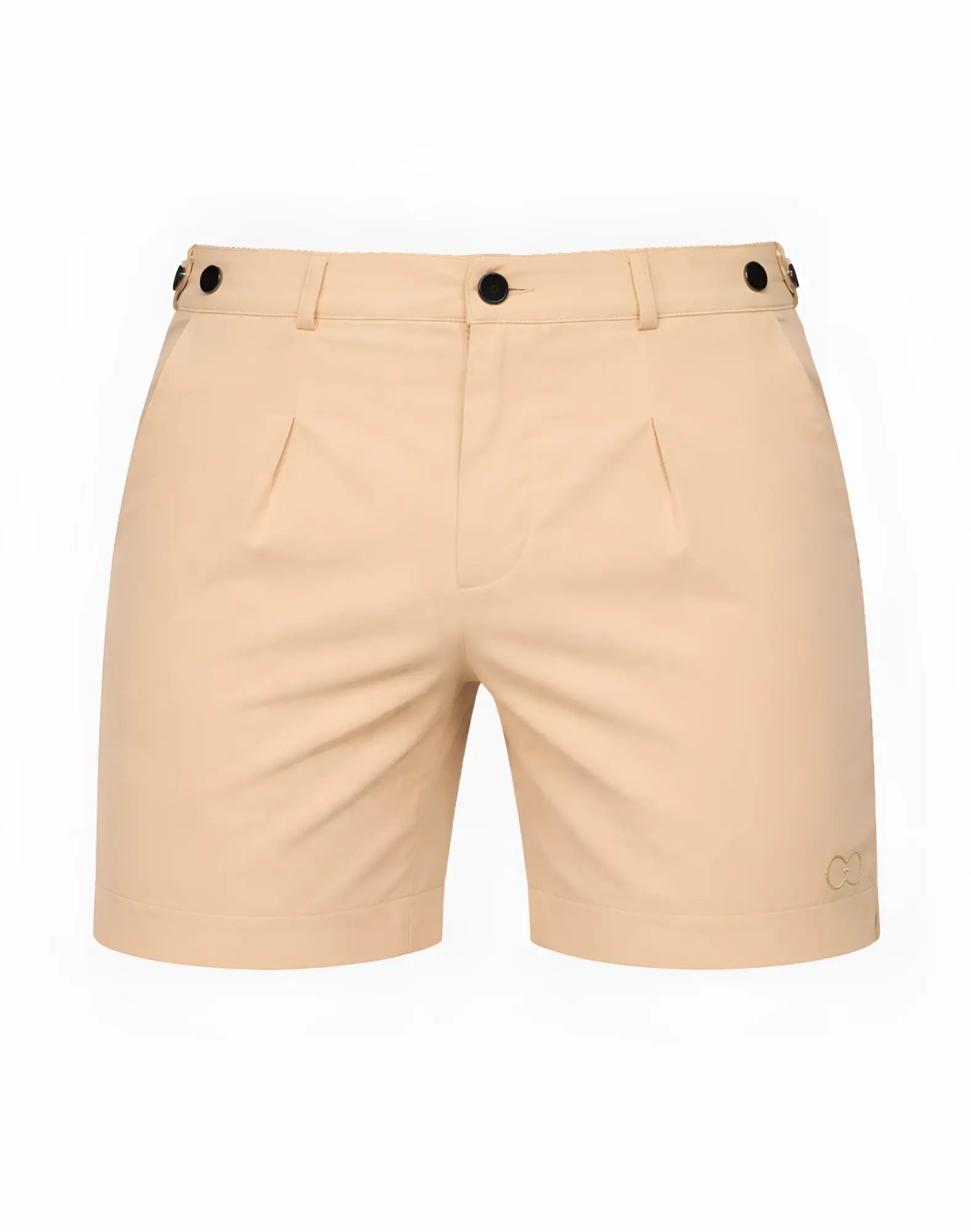 Beige chino shorts 2EROS Avalon with black button closures and subtle embroidered logo on lower right leg