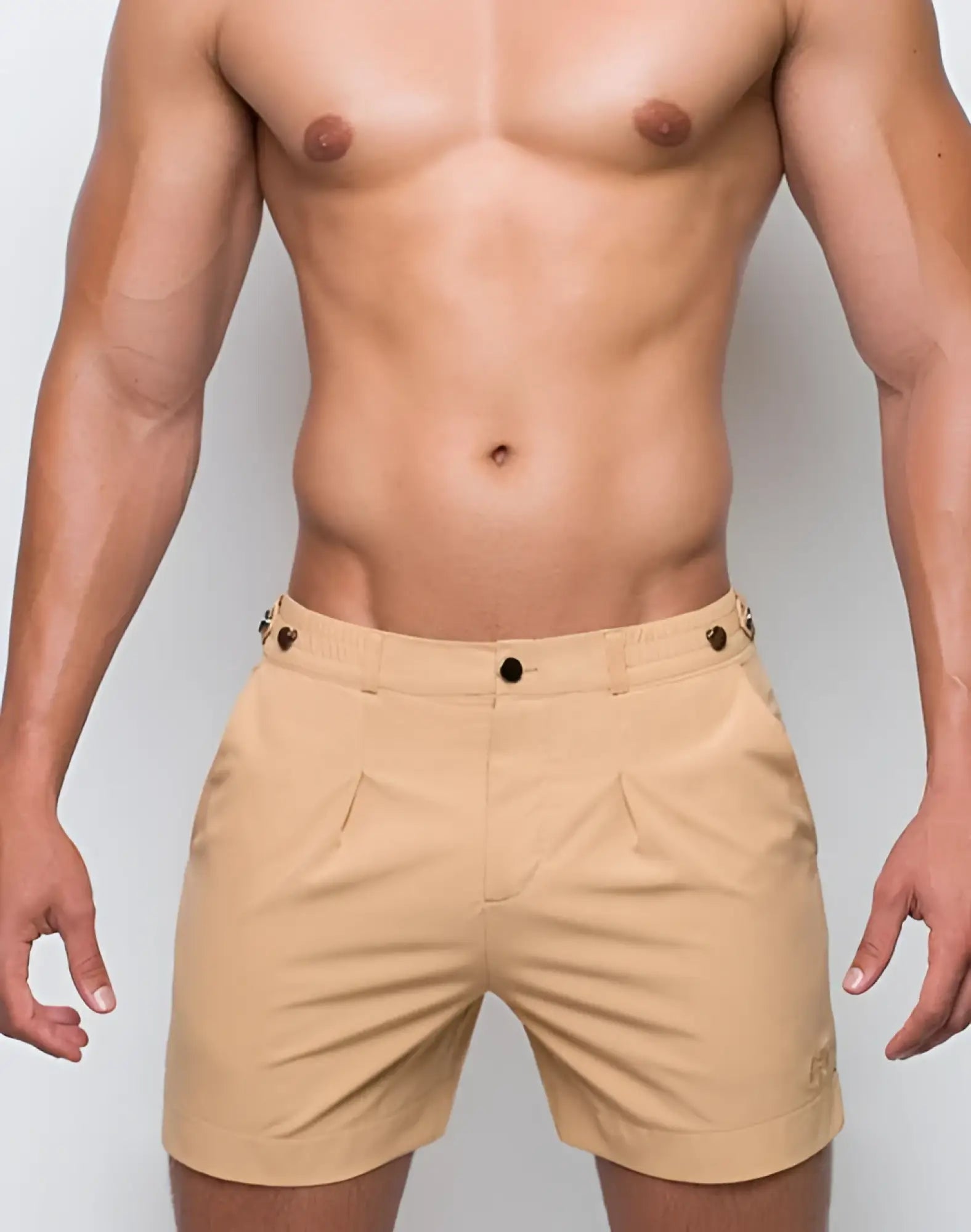 Beige 2EROS Avalon chino shorts with black button accents and a subtle brand logo on the lower right leg
