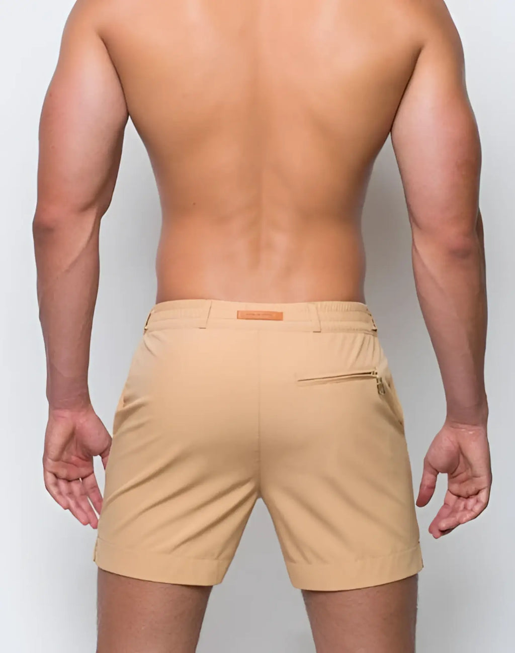 2eros avalon beige chino shorts with subtle woven texture and brown leather tab at the waistband