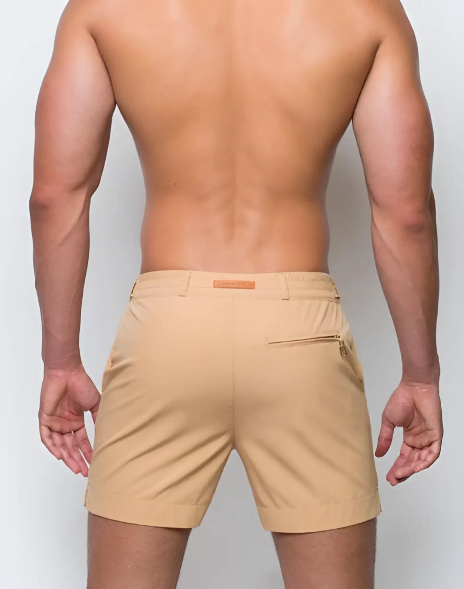 2eros avalon beige chino shorts with subtle woven texture and brown leather tab at the waistband