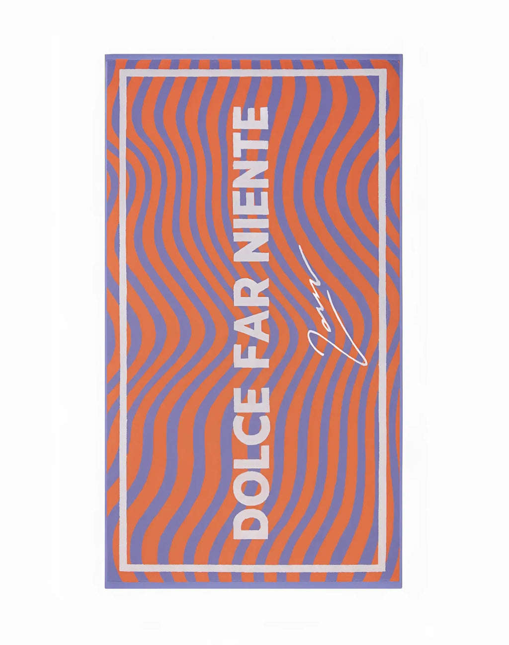 A 2EROS beach towel with bold orange and purple wavy stripes and white dolce far niente text on a rectangular design