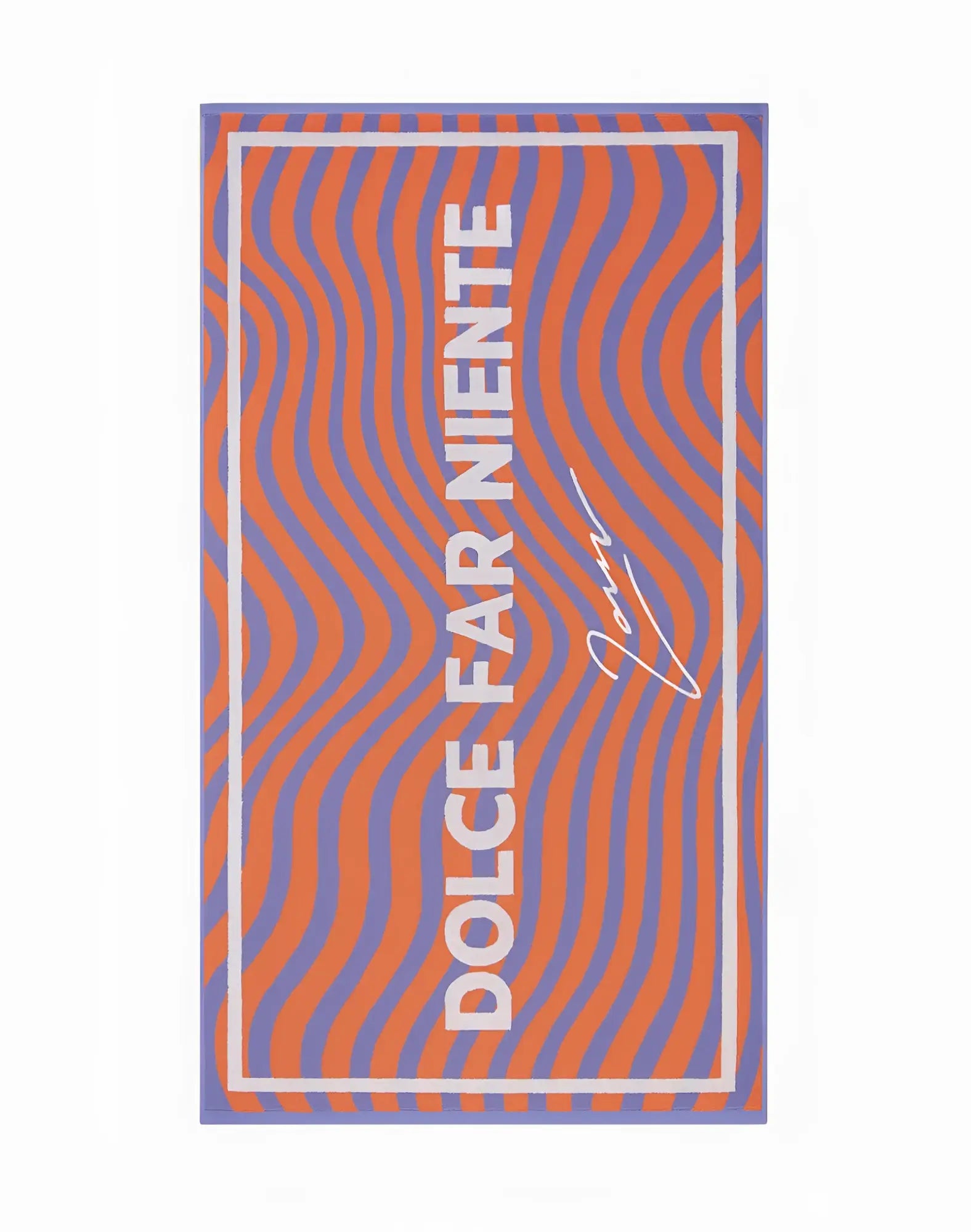 A 2EROS beach towel with bold orange and purple wavy stripes and white dolce far niente text on a rectangular design