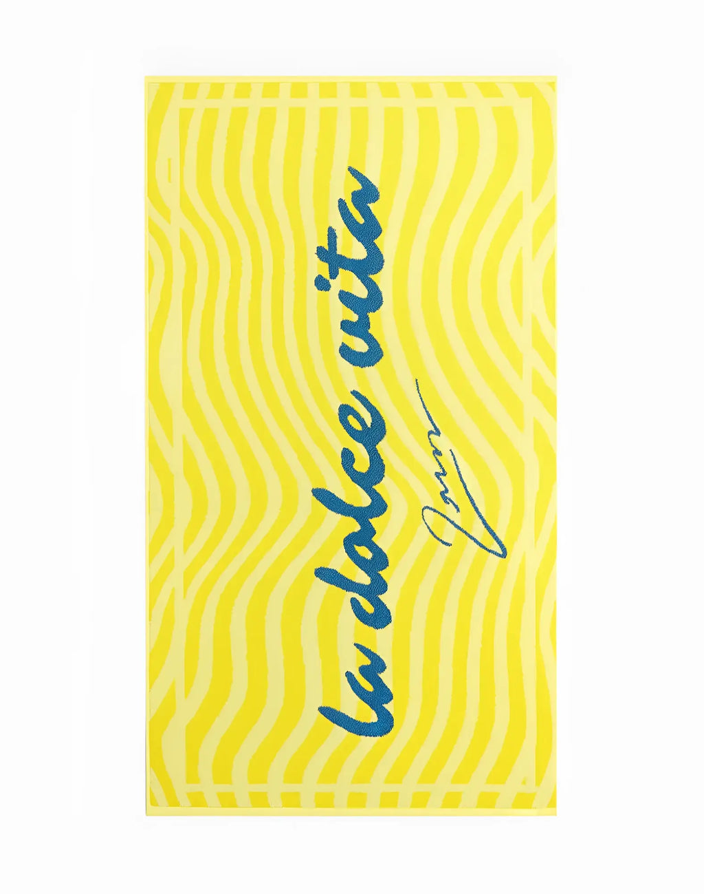 A vibrant yellow 2EROS beach towel with wavy stripes and la dolce vita in bold blue cursive for beach use
