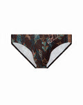 Dark brown 2EROS BLK Label No.2 swim brief with teal botanical print gold accents honeycomb texture and white lining