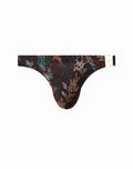 Dark brown 2EROS BLK Label No.2 swim thong with teal and gold floral pattern and white plastic buckle