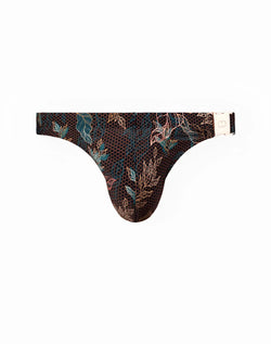 Dark brown 2EROS BLK Label No.2 swim thong with teal and gold floral pattern and white plastic buckle