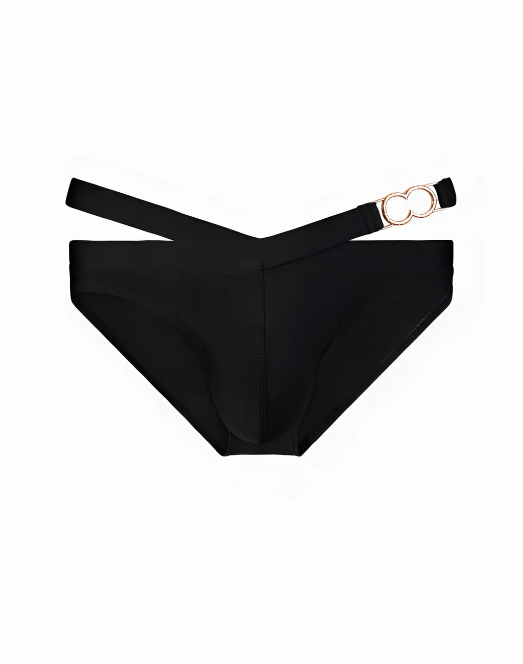 Black 2EROS BLK Label No.3 swim brief with a sleek minimalist design and rose gold double-ring buckle on the side