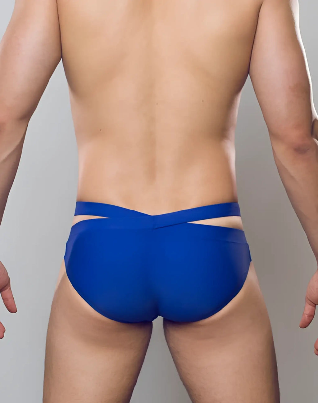Blue swim trunks by 2eros blk label no3 with a sleek design and crossed straps at the back in royal blue