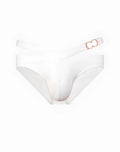 White 2EROS BLK Label No.3 swim brief bottom with rose gold double-ring buckle on the side