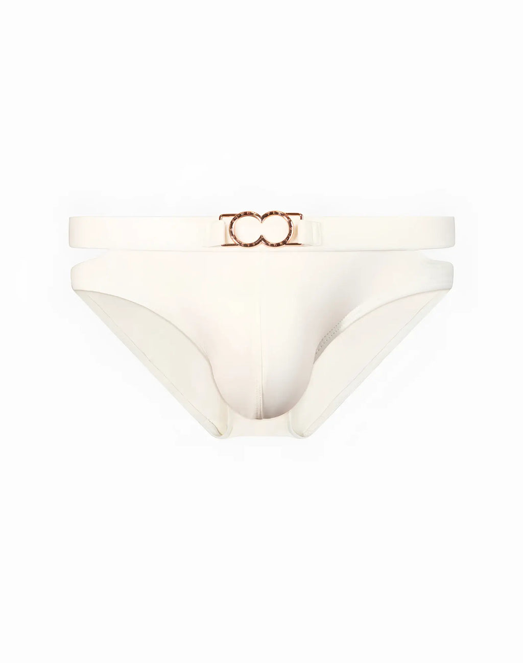 White men’s briefs ivory swim brief by 2eros blk label with rose gold double-o buckle on waistband