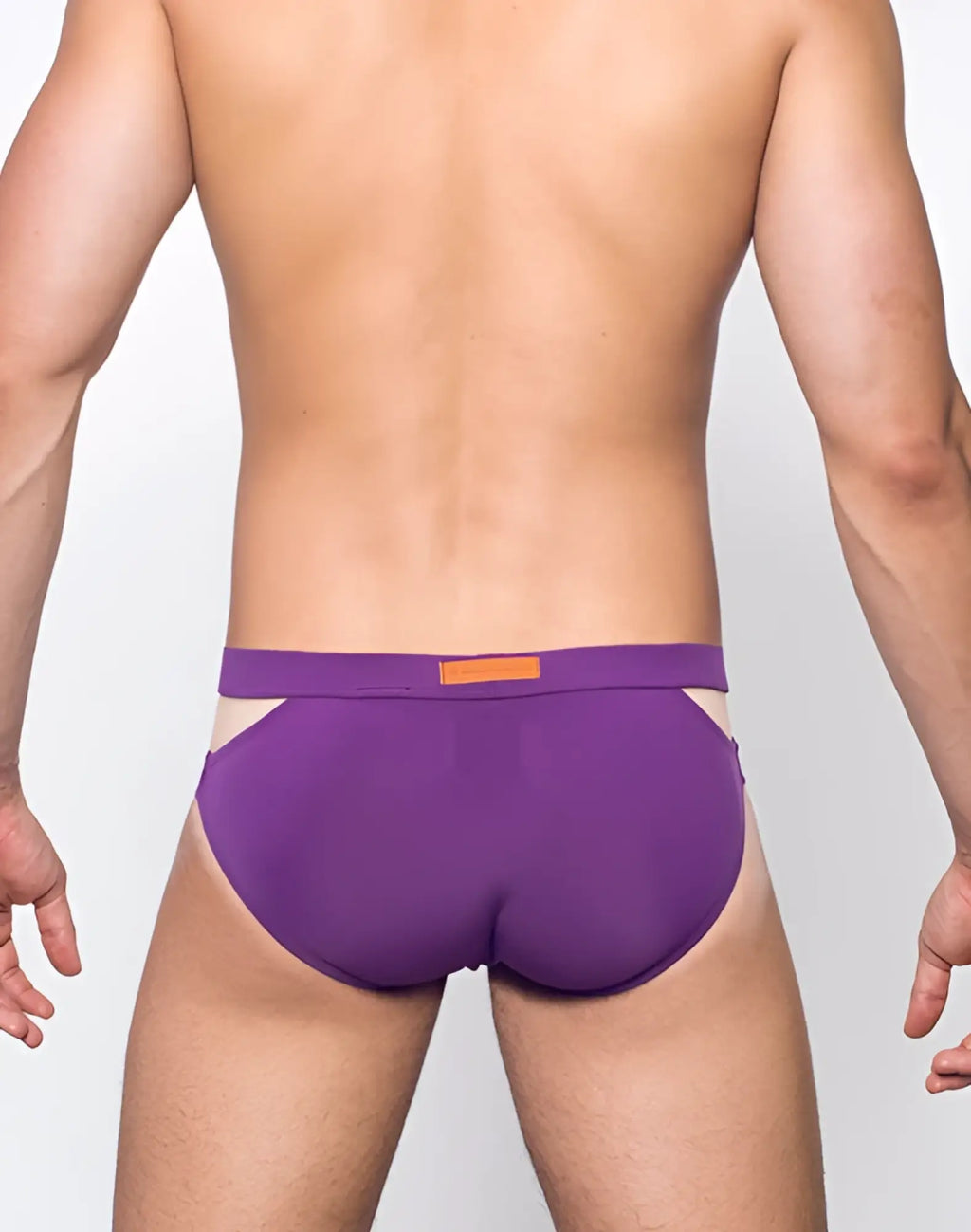 2eros blk label no4 swim brief in plum purple with contrasting orange waistband for athletic swimwear use