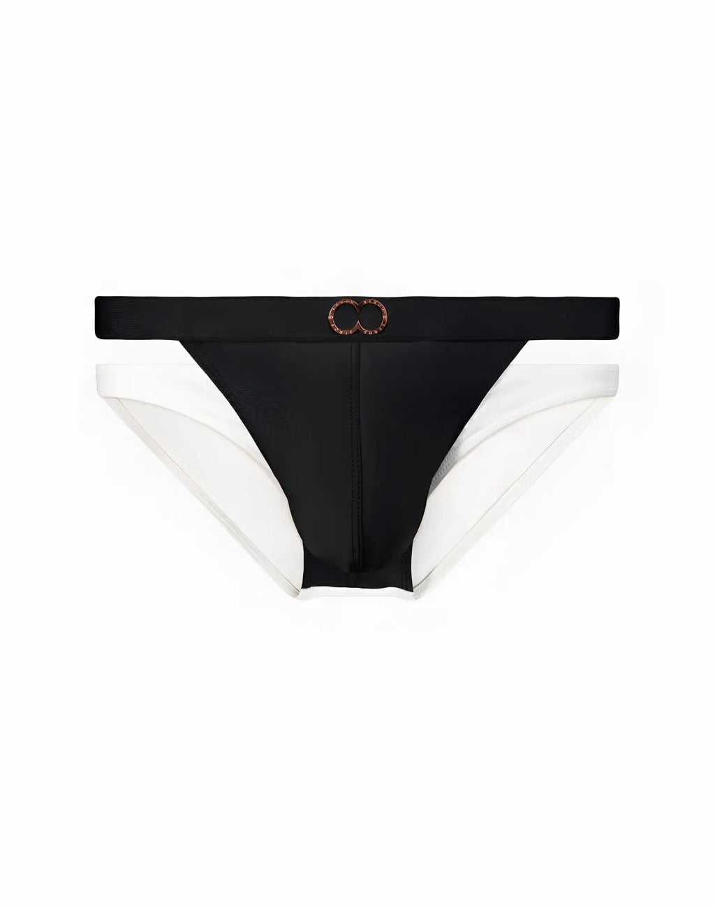 2EROS BLK Label No.5 swim brief black and white high-waisted bikini bottom with central zipper and gold infinity buckle