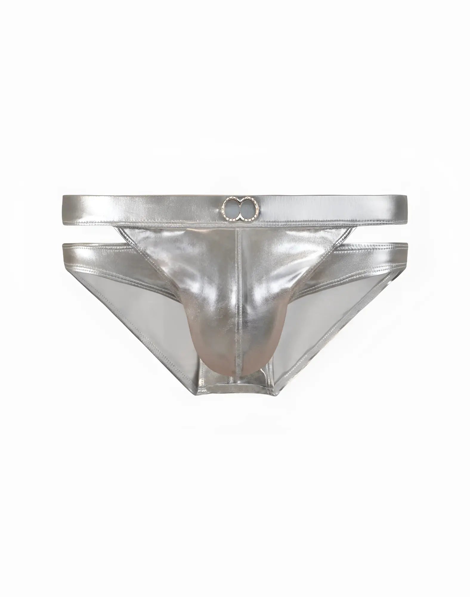 2EROS BLK Label No5 silver metallic swim brief with rhinestone-encrusted circular buckle at the waistband