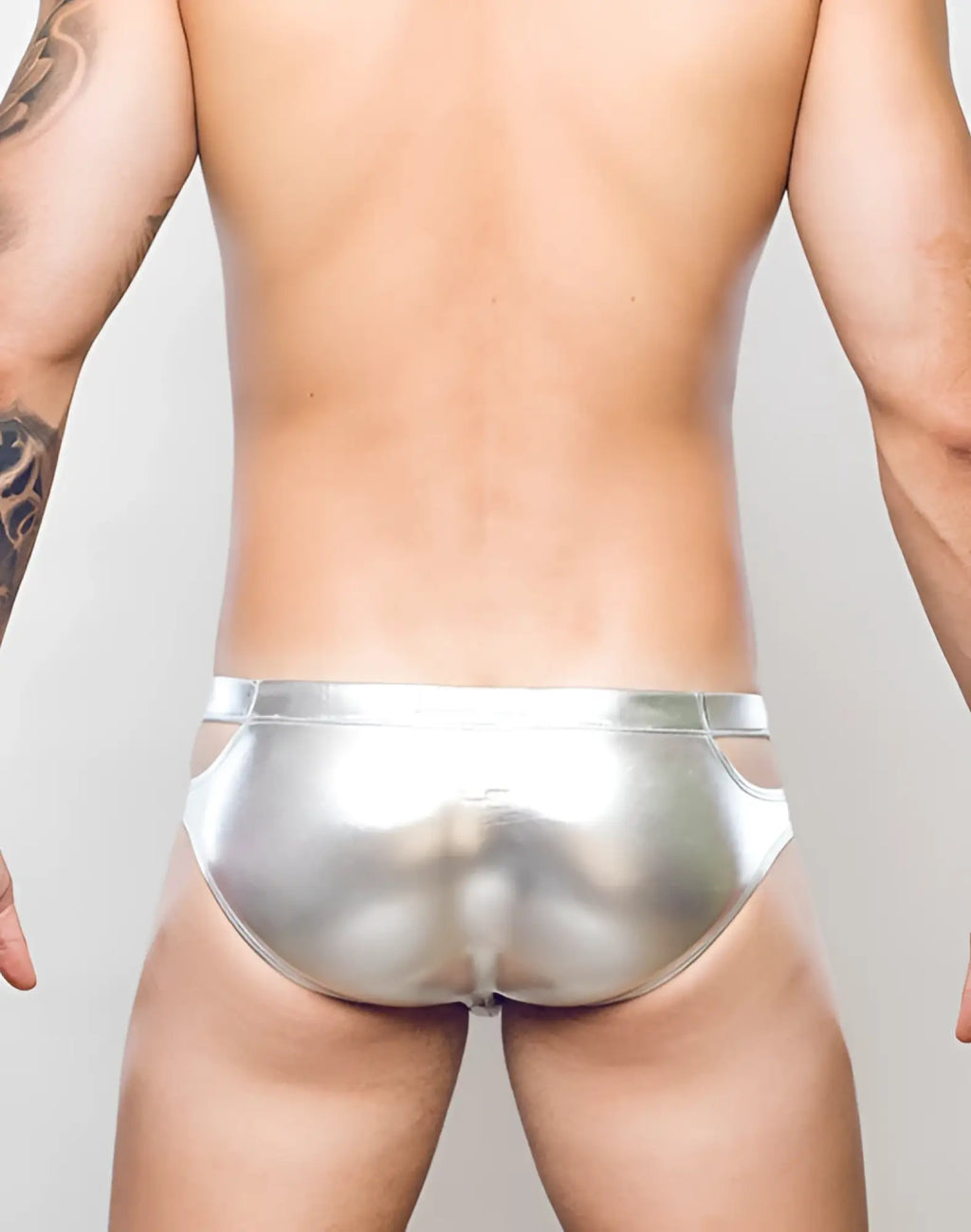 Shiny silver metallic 2eros blk label no5 swim brief with sleek form-fitting design and cut-out side details