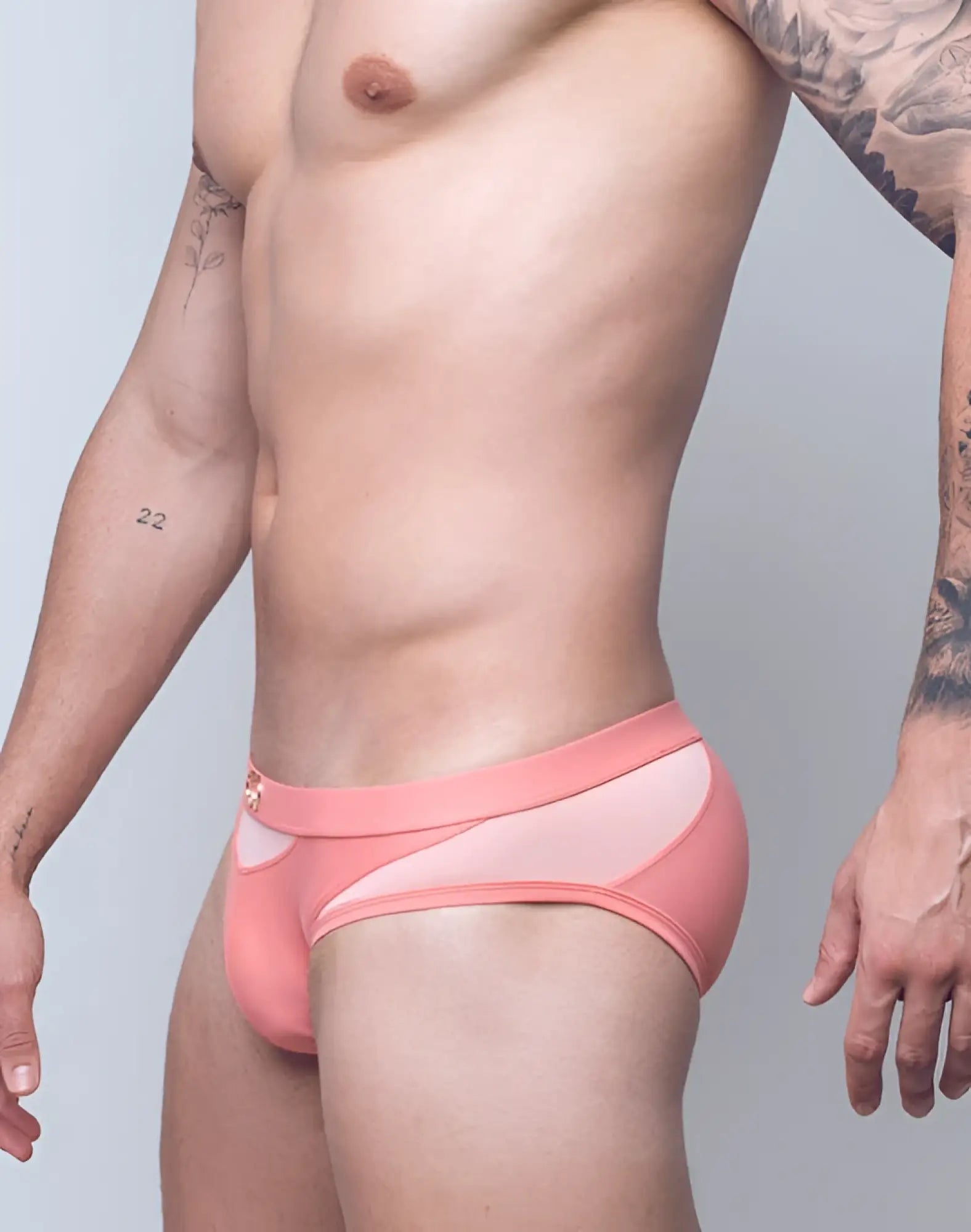Pink 2eros blk label no6 swim brief with sheer mesh panel and metallic embellishment on waistband coral color