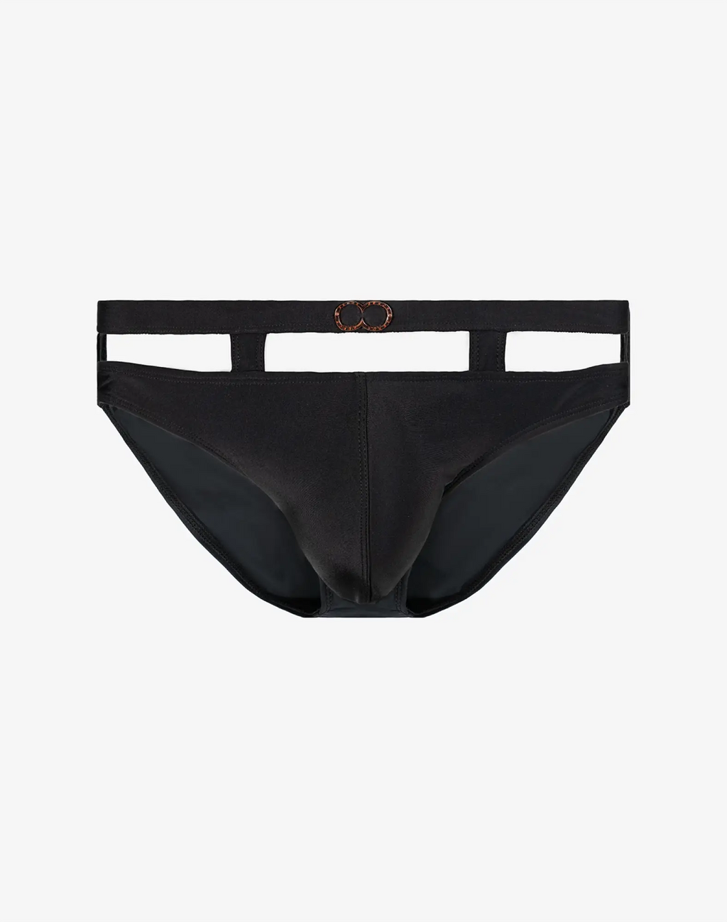 2eros blk label no7 swim brief in black with sleek form-fitting design and rose gold circular buckle at waistband