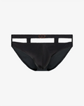 2eros blk label no7 swim brief in black with sleek form-fitting design and rose gold circular buckle at waistband