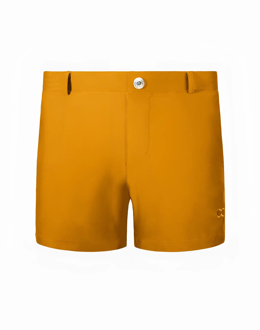 2eros bondi shorts almond are mustard yellow minimalist shorts with a subtle logo on the lower right leg