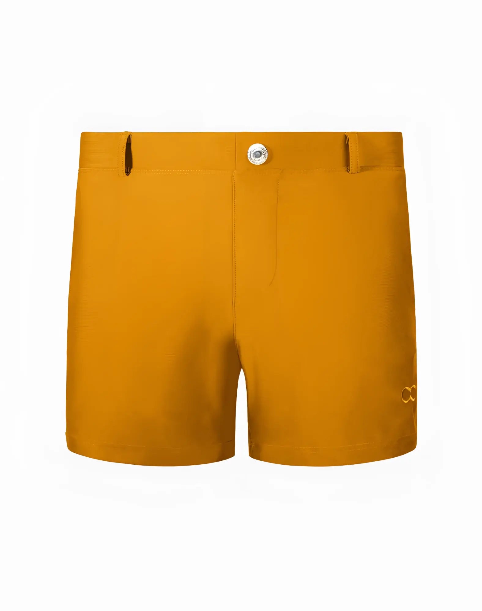 2eros bondi shorts almond are mustard yellow minimalist shorts with a subtle logo on the lower right leg