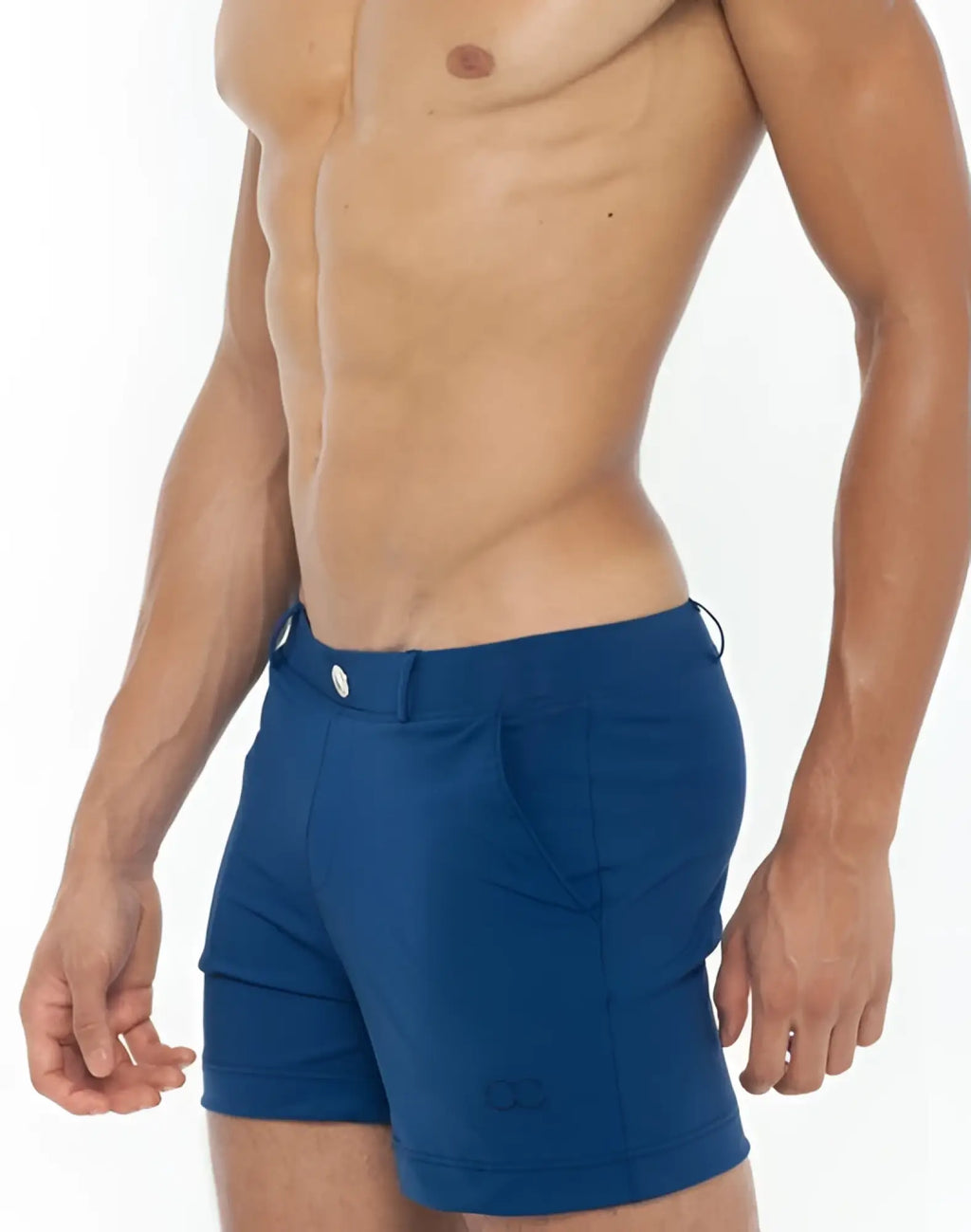 Blue 2EROS Bondi athletic shorts with sleek modern design and subtle branding on the lower left leg