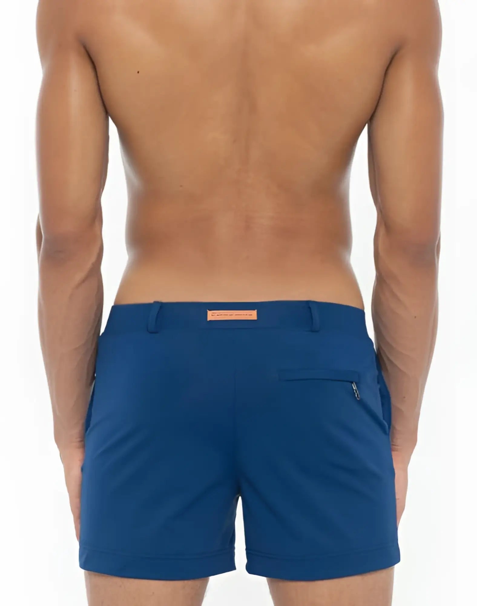 Blue 2eros bondi athletic shorts with a subtle orange brand tag at the waistband ideal for activewear