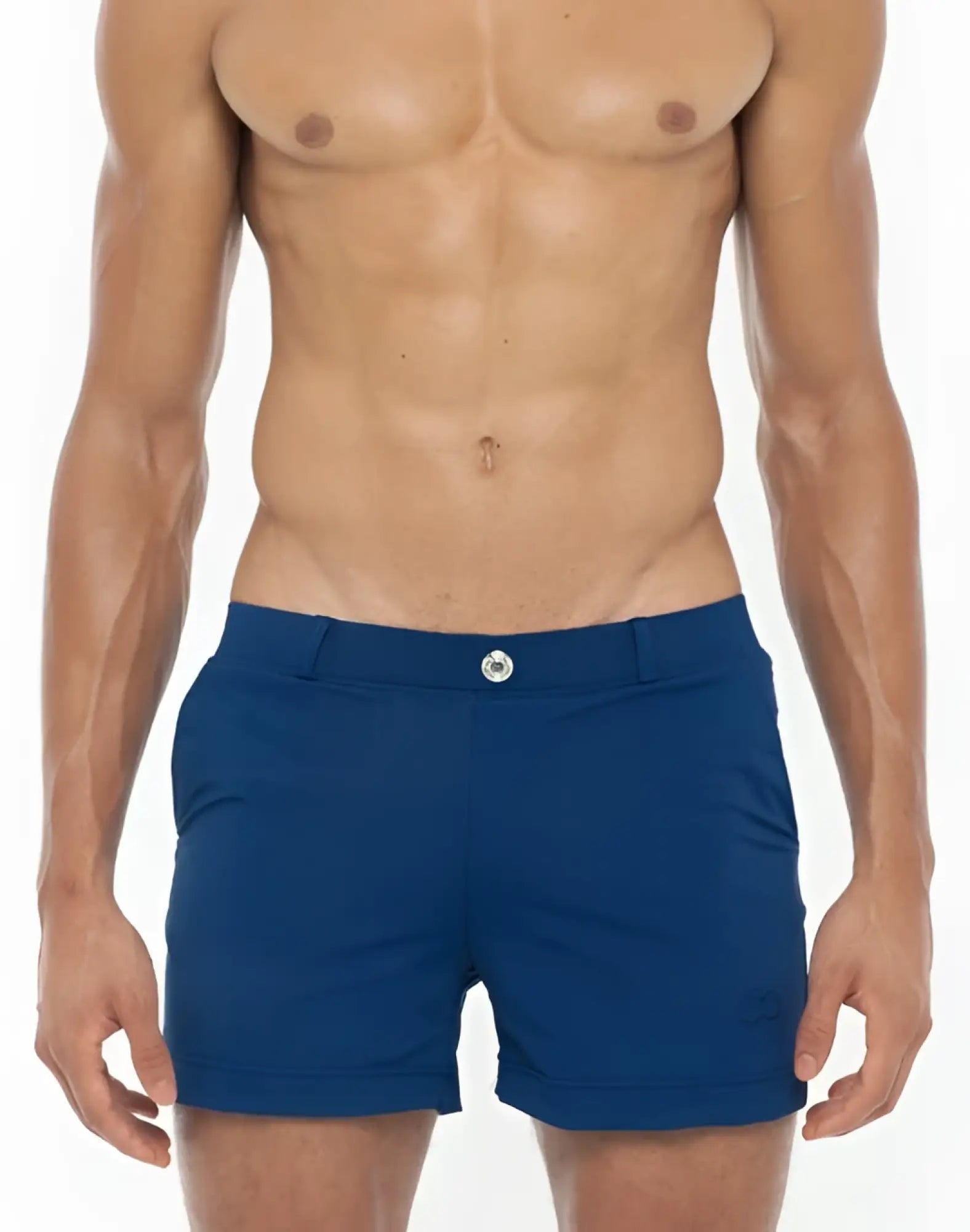 Navy 2EROS Bondi shorts for men with silver button and subtle logo on lower right leg made from comfortable fabric
