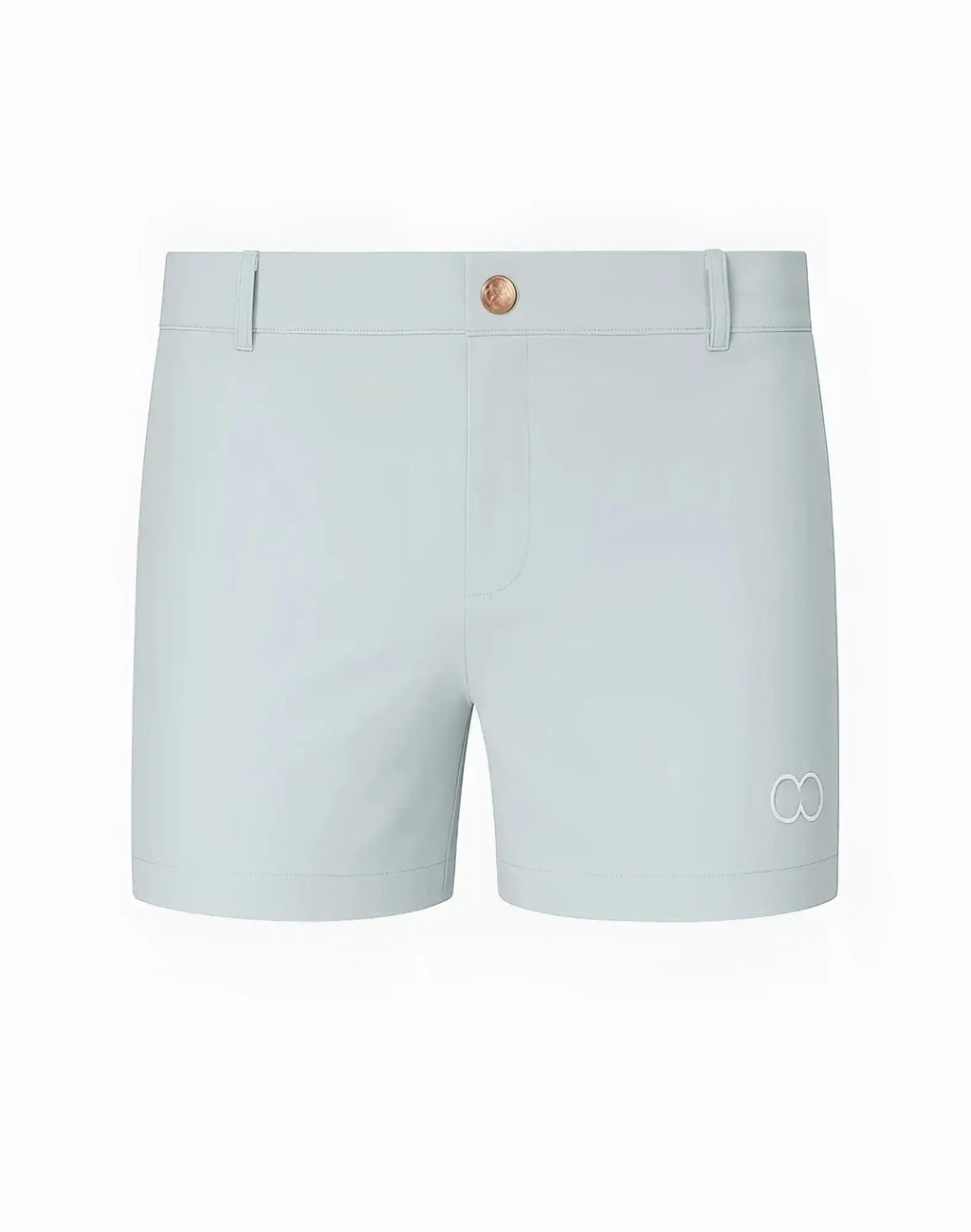 Light blue 2EROS Bondi shorts with copper-toned button and subtle white logo on lower right leg alloy series 3