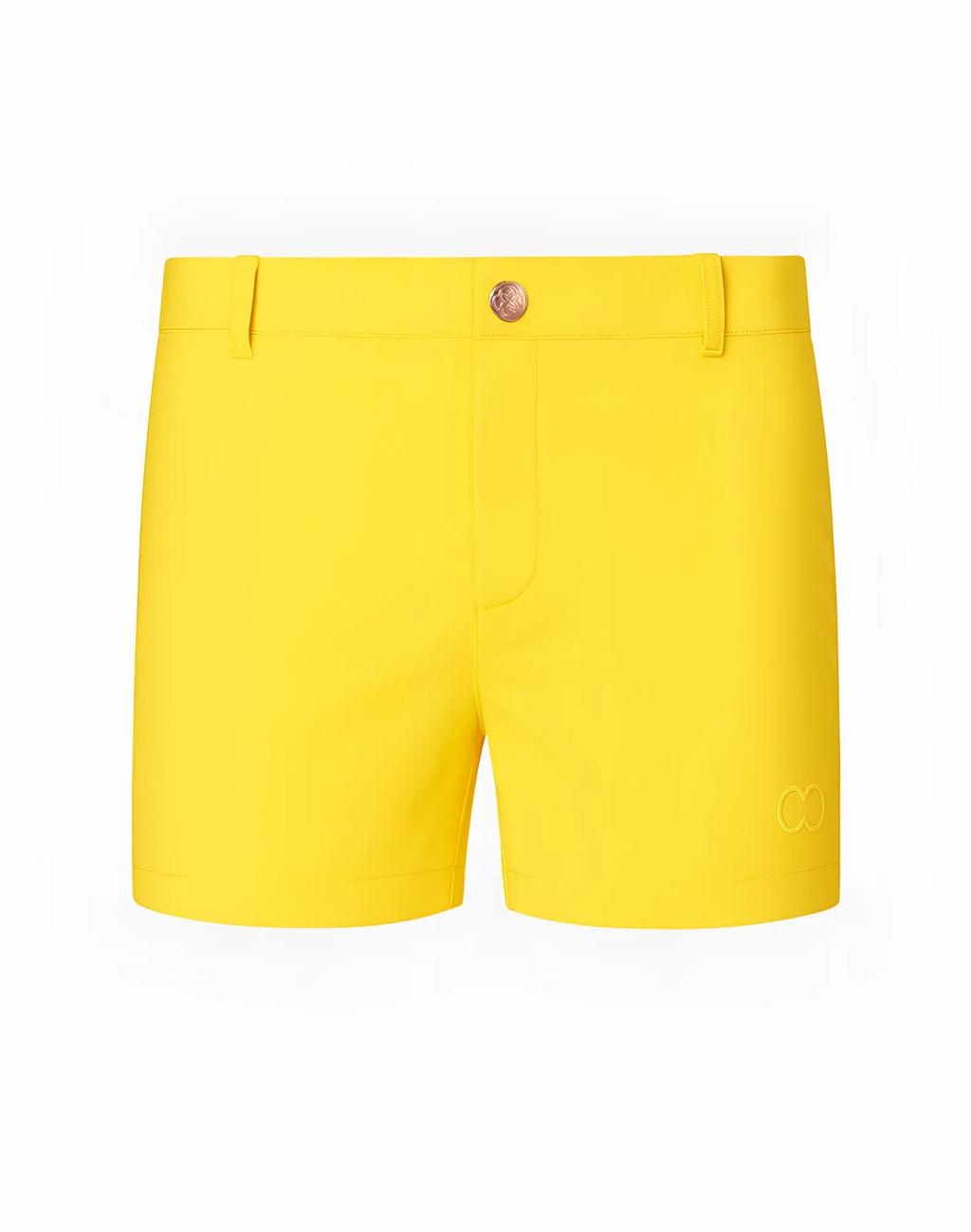 2eros bondi shorts series 2 gold bright yellow with subtle embroidered logo and single button waistband closure