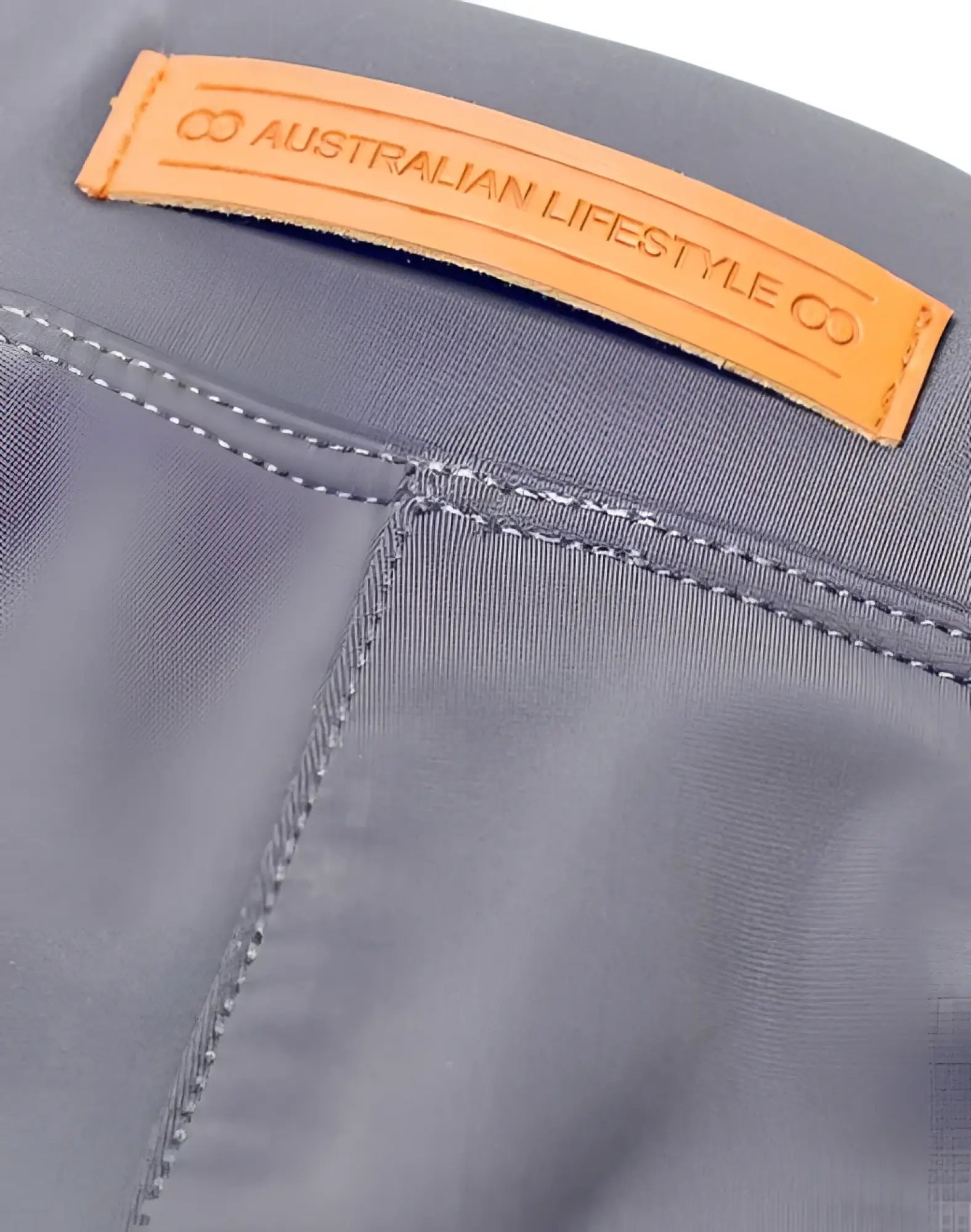 Gray denim 2EROS Bondi Shorts Series 3 alloy with tan leather australian lifestyle co brand label on back waistband