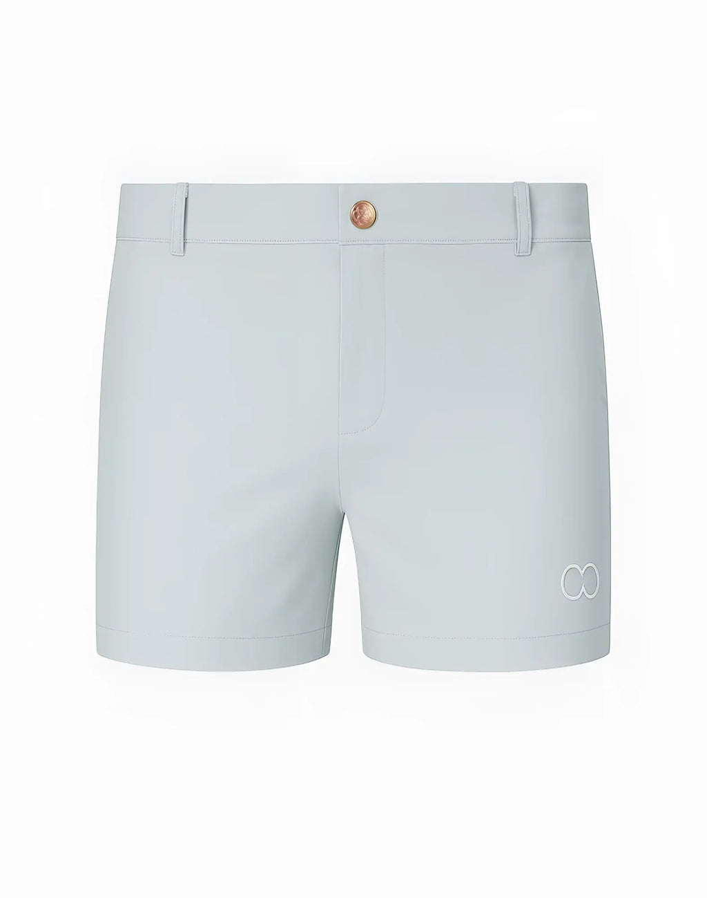 Light blue 2EROS Bondi shorts with copper-toned button and subtle white logo on lower right leg alloy series 3