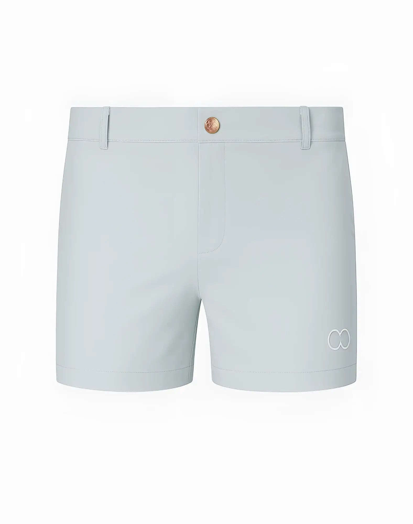 Light blue 2EROS Bondi shorts alloy with copper tone button and subtle white logo on the lower right leg