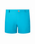 Bright turquoise 2EROS Bondi shorts series 3 with metallic button and subtle brand logo on the side in aqua color