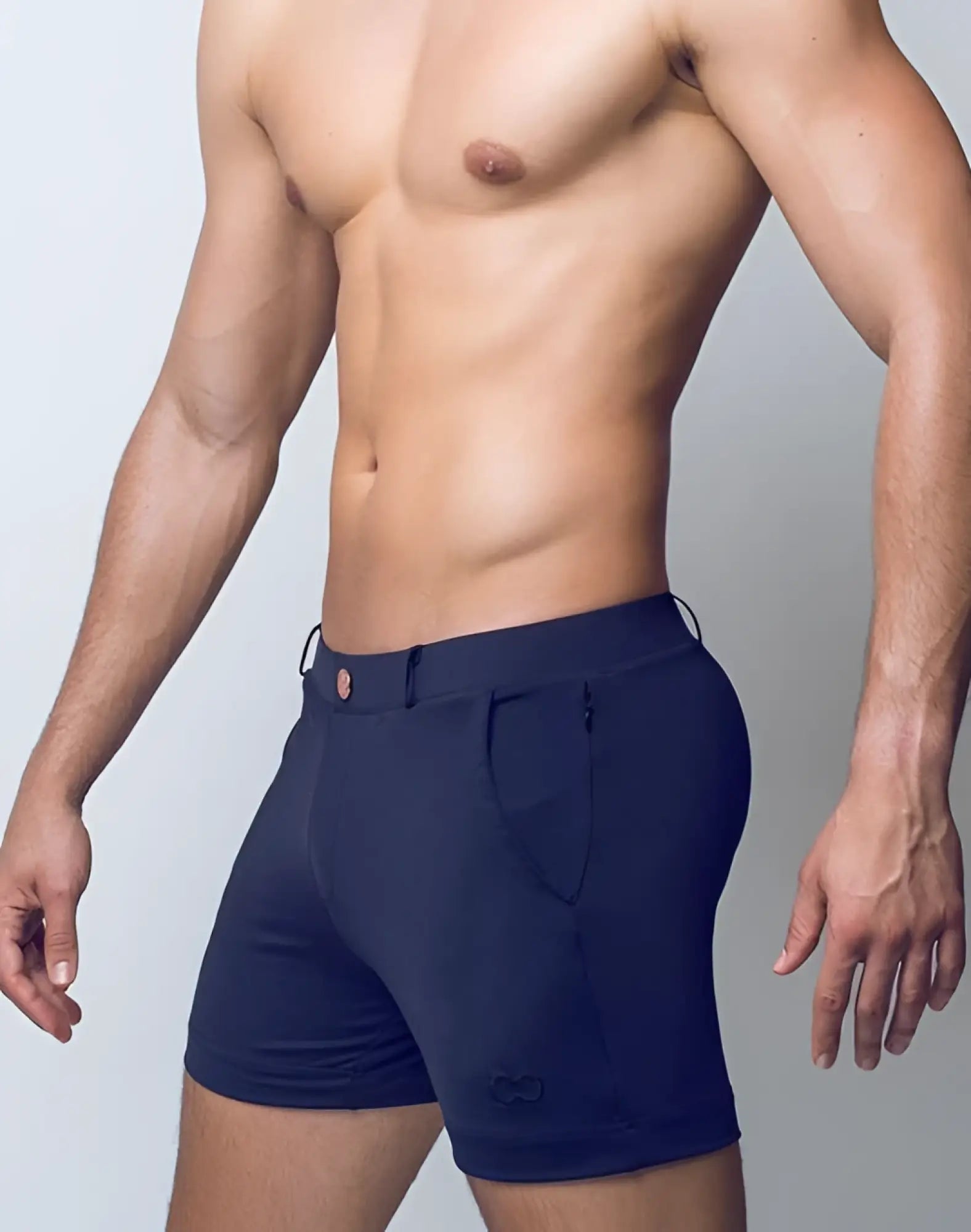 Navy blue 2EROS Bondi Shorts Series 3 with sleek form-fitting design and subtle brand logo on lower leg