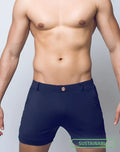 Navy blue tailored 2EROS Bondi shorts series 3 with gold-toned waistband button in black fabric