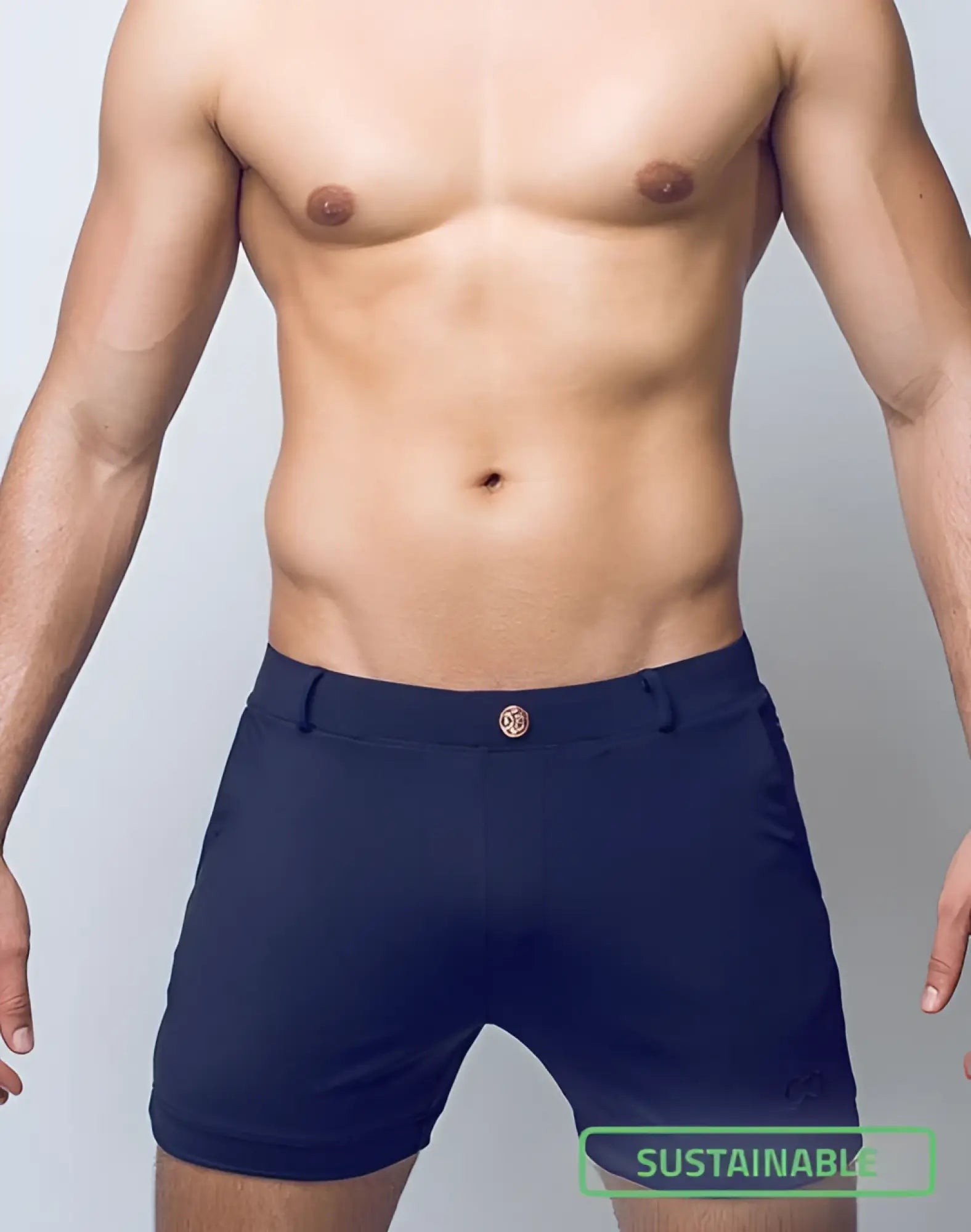 Navy blue tailored 2EROS Bondi shorts series 3 with gold-toned waistband button in black fabric