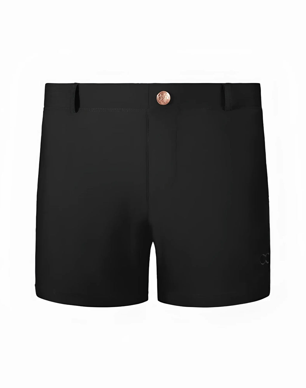 Black 2eros bondi shorts series 3 with rose gold button and subtle brand logo on the side