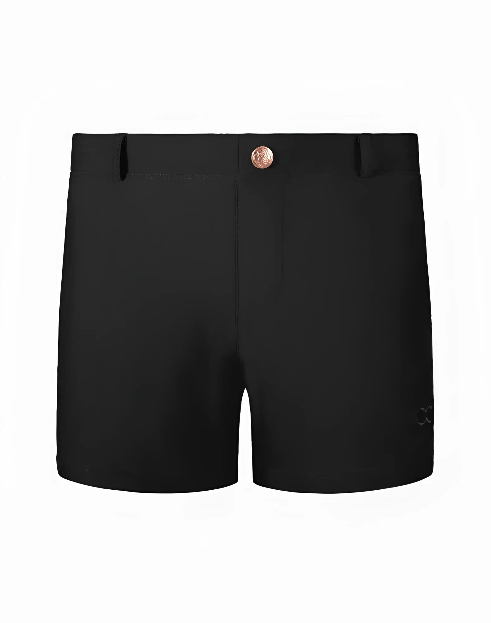Black 2eros bondi shorts series 3 with rose gold button and subtle brand logo on the side