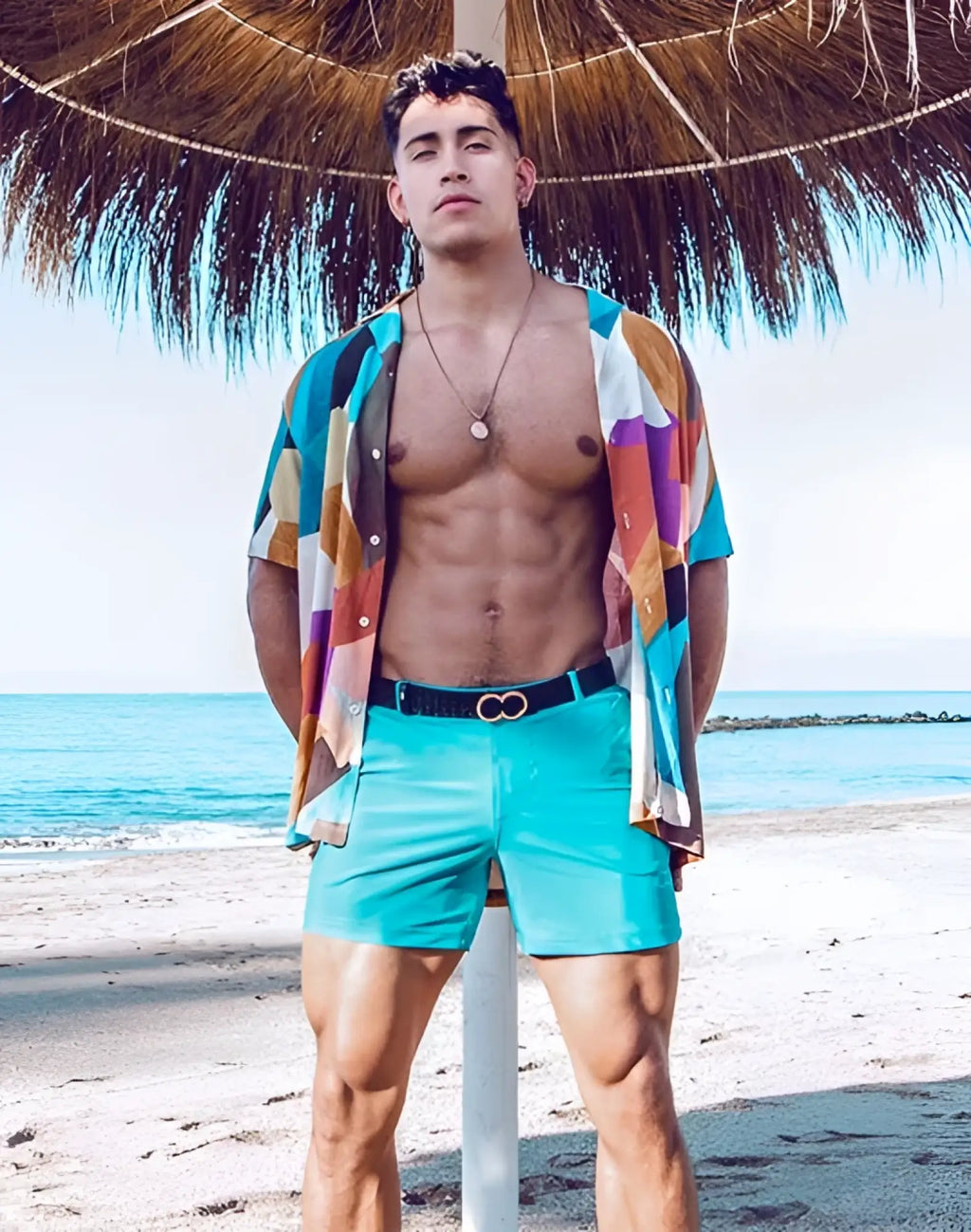 2EROS Bondi shorts series 3 breeze green bright turquoise with black belt and gold circular buckles for casual wear