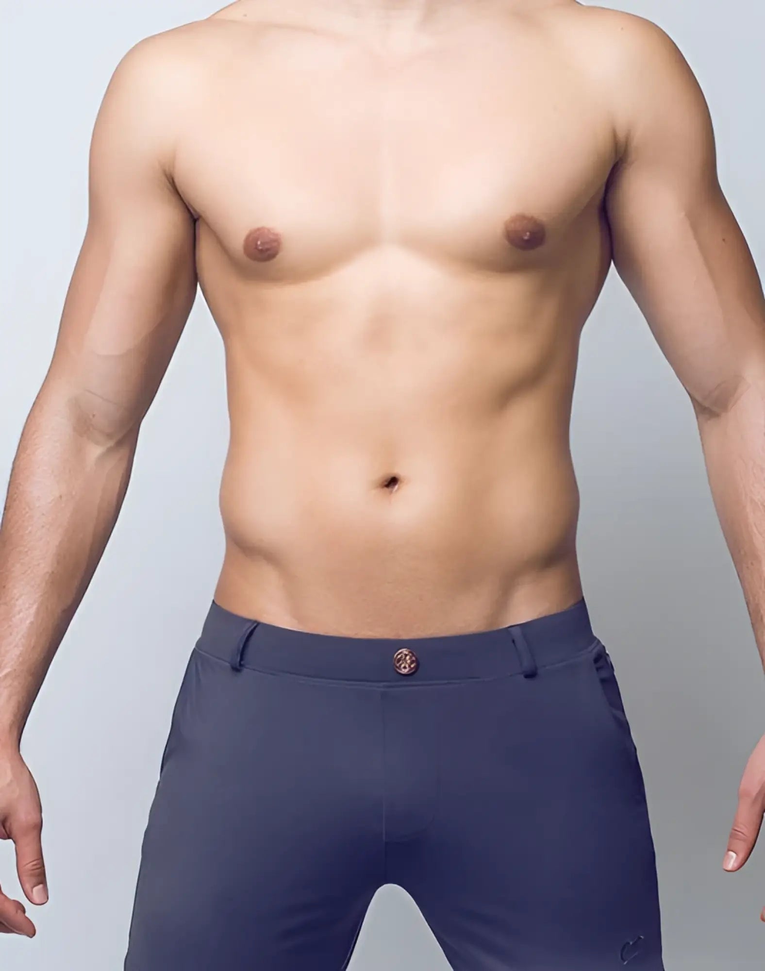 Navy blue tailored trousers with subtle gold toned button at waistband from 2EROS Bondi Shorts Series 3 charcoal