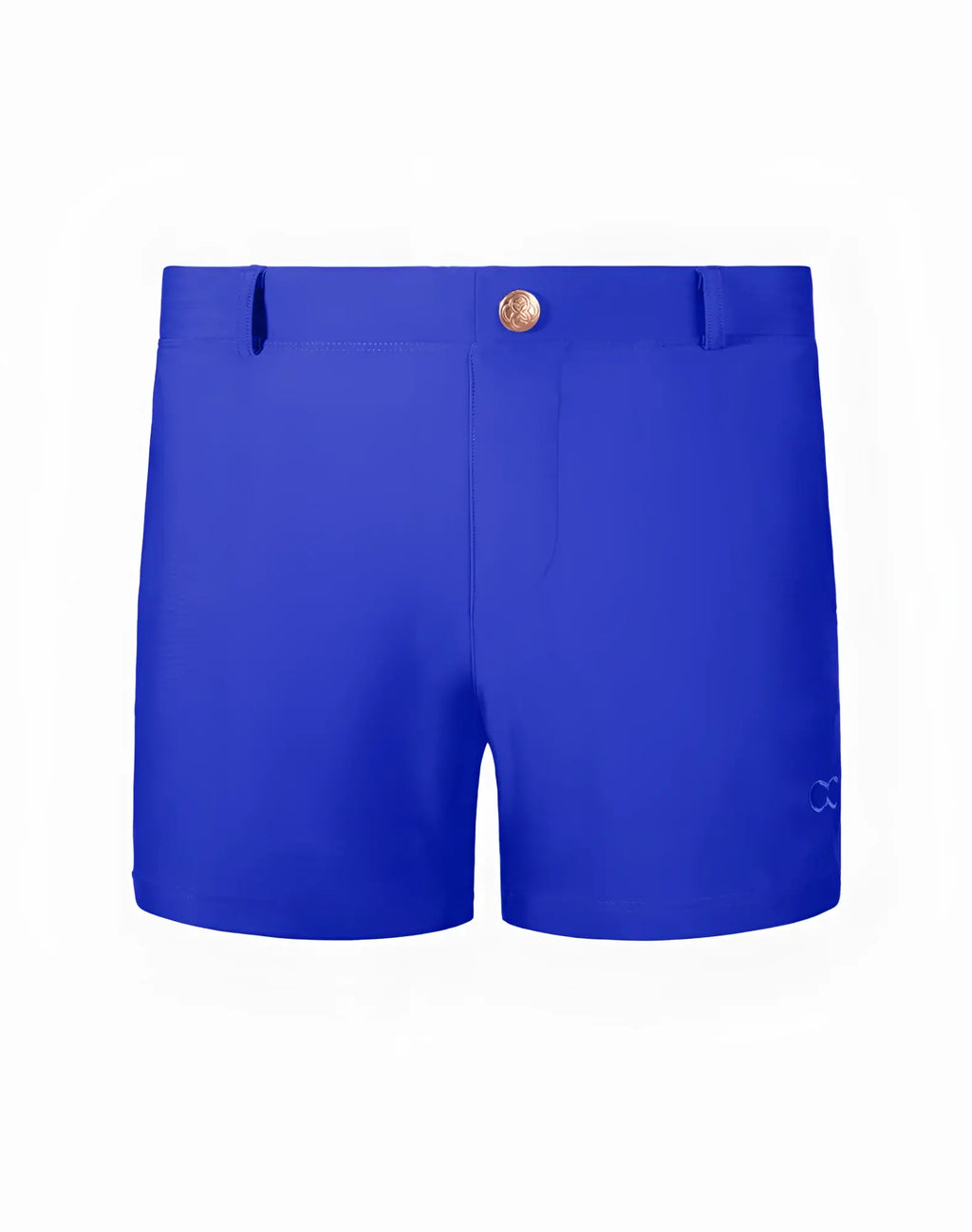 Vibrant royal blue 2eros bondi shorts series 3 with gold toned button and subtle brand logo on the side