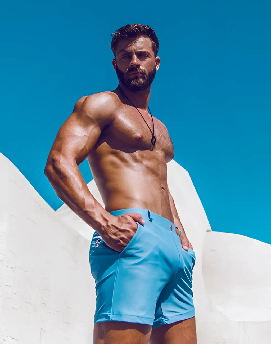 Light blue 2EROS Bondi Shorts Series 3 athletic shorts with modern design and subtle side pockets in faded denim