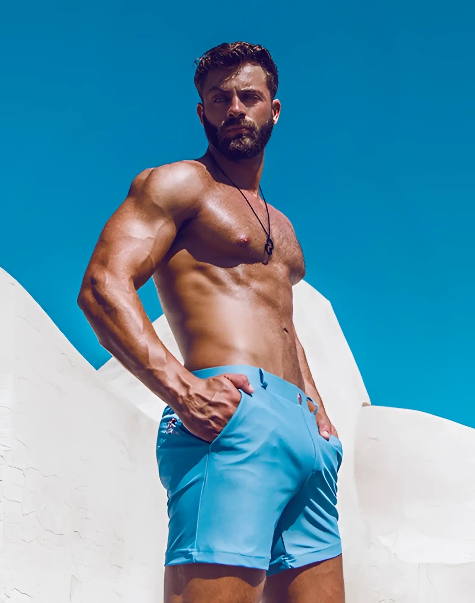 Light blue 2EROS Bondi Shorts Series 3 athletic shorts with modern design and subtle side pockets in faded denim