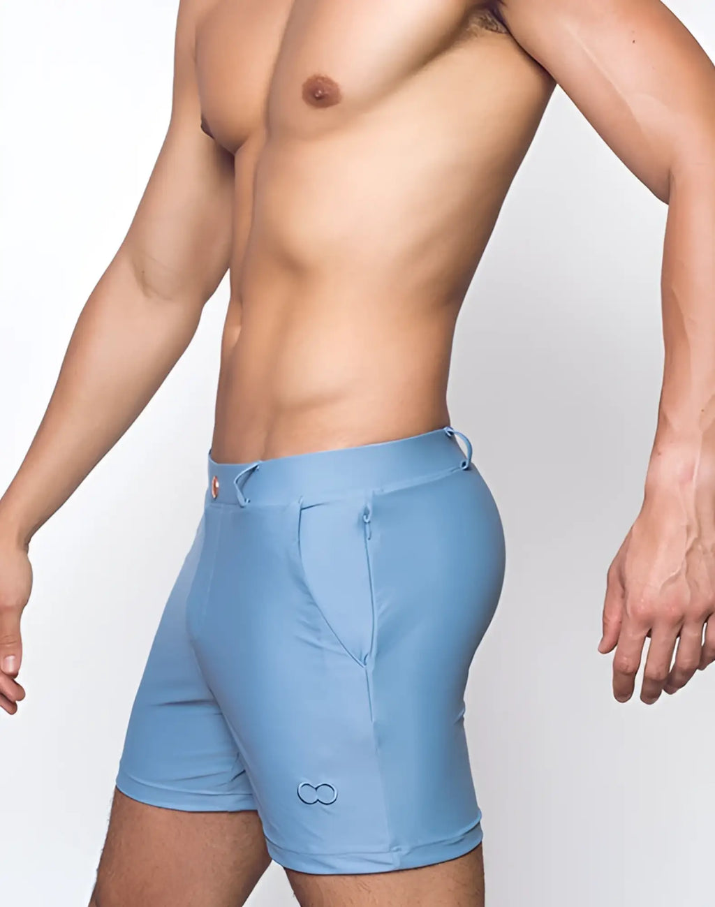 Light blue 2eros bondi faded denim athletic shorts with subtle embroidered logo on lower left leg