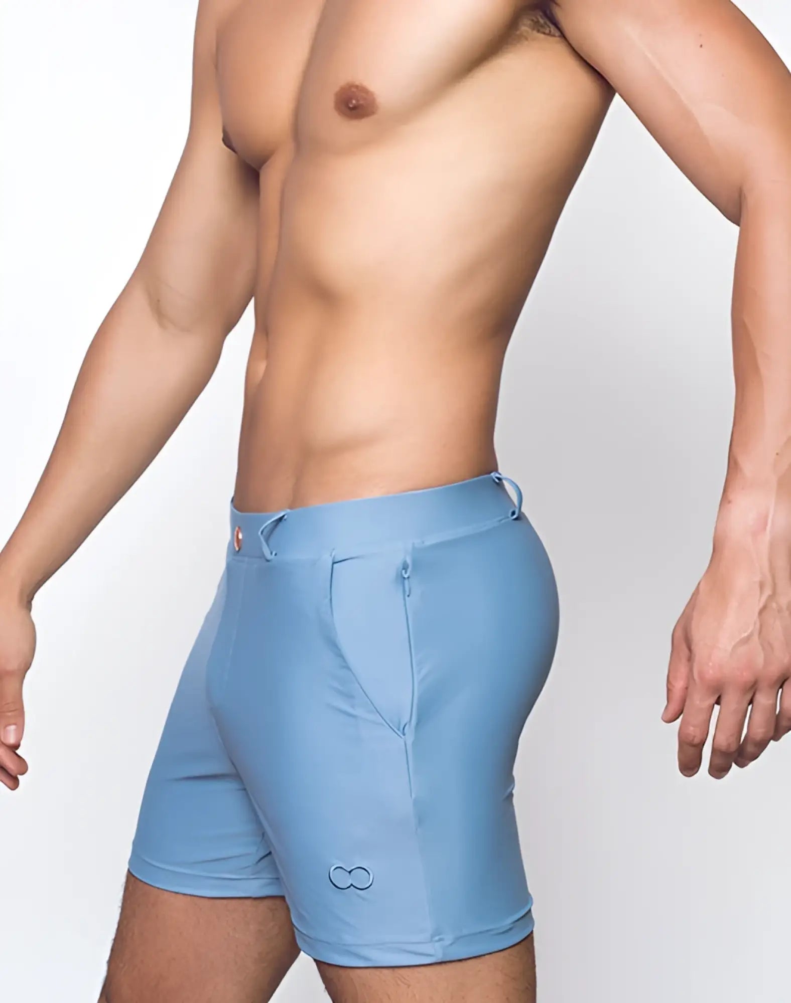 Light blue 2eros bondi faded denim athletic shorts with subtle embroidered logo on lower left leg