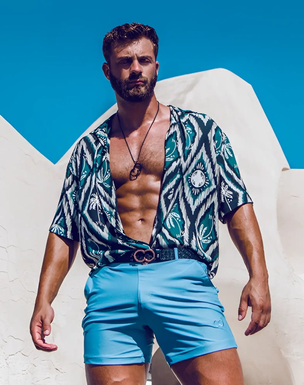 Men’s 2eros bondi shorts series 3 in turquoise with subtle embroidered logo on left thigh in faded denim style