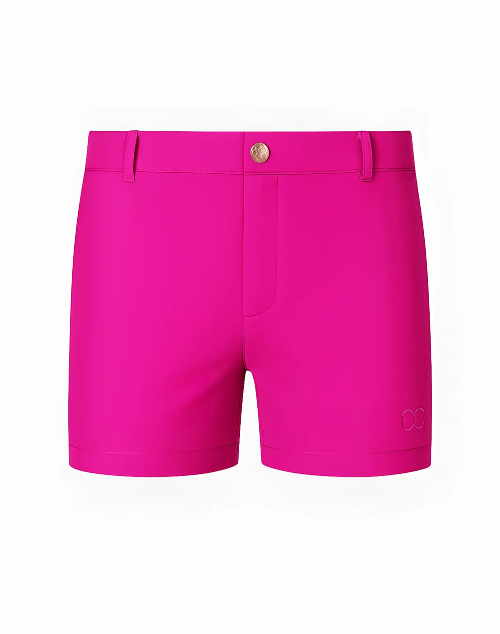 Bright fuchsia 2EROS Bondi shorts with gold-toned button and subtle logo on lower right leg