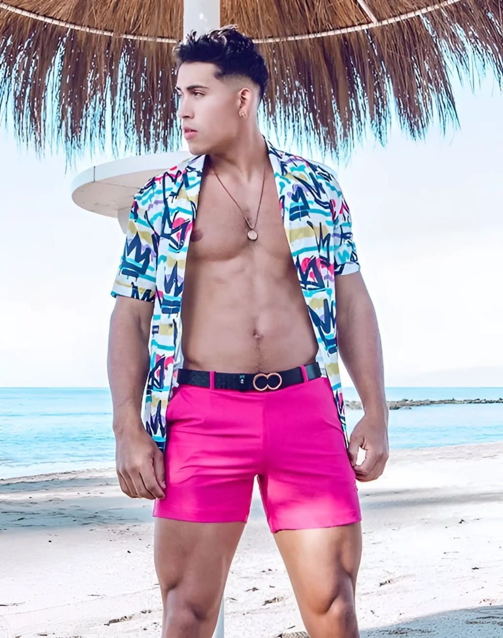 2eros bondi shorts series 3 fuchsia red bright pink swim trunks with black belt and interlocking ring buckles