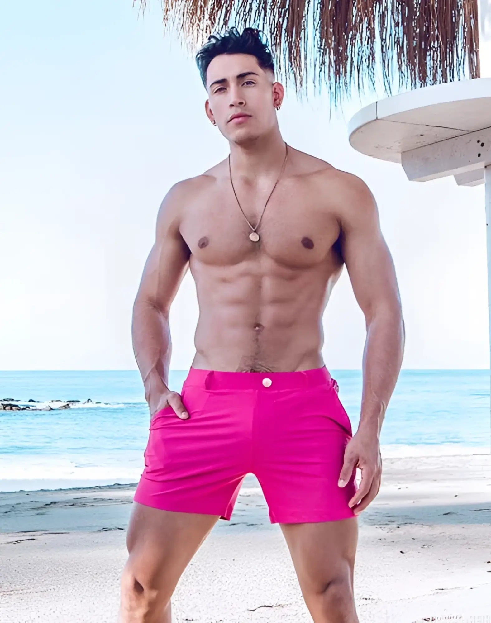 Bright pink 2EROS Bondi Shorts Series 3 swim trunks with single button closure for stylish beachwear